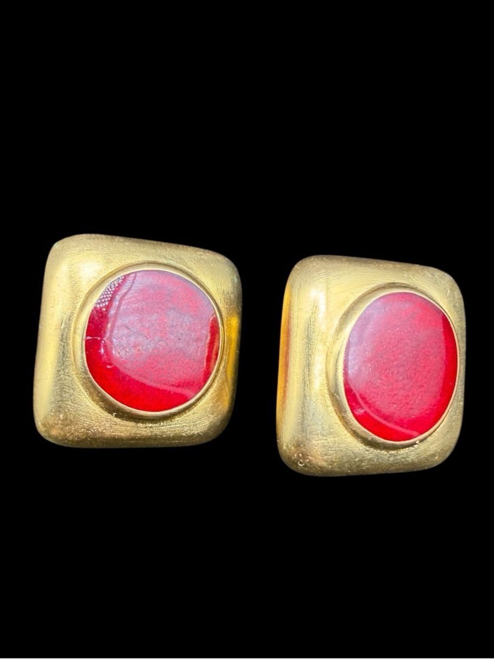 Vintage Ginnie Johansen Gold-Tone Clip on Earrings with Red Cabochon Center